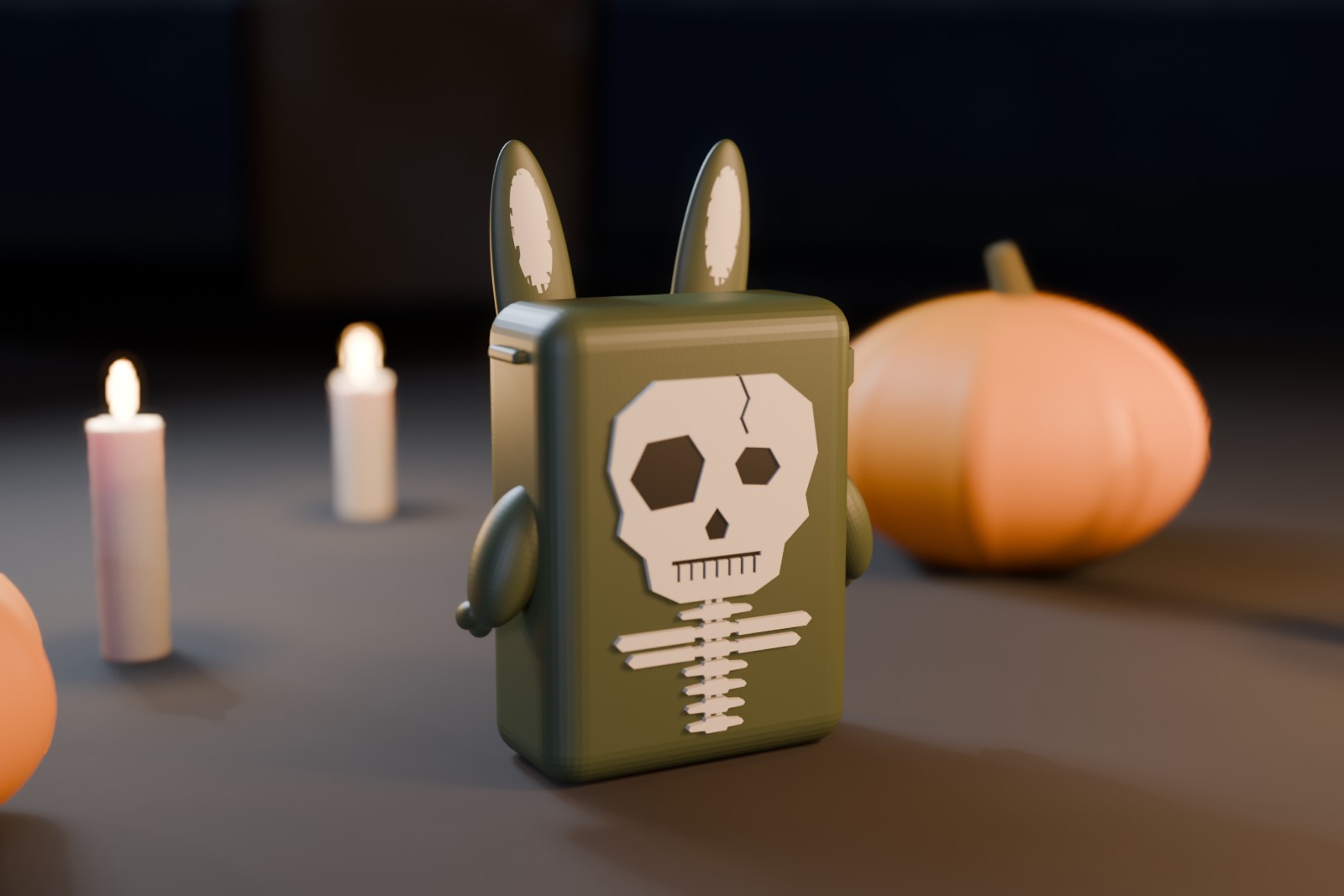 Skelett-Tasche aus dem 3D-Drucker in Oliv mit Schädel und Wirbelsäule, Halloween-Deko mit Kerzen und Kürbissen